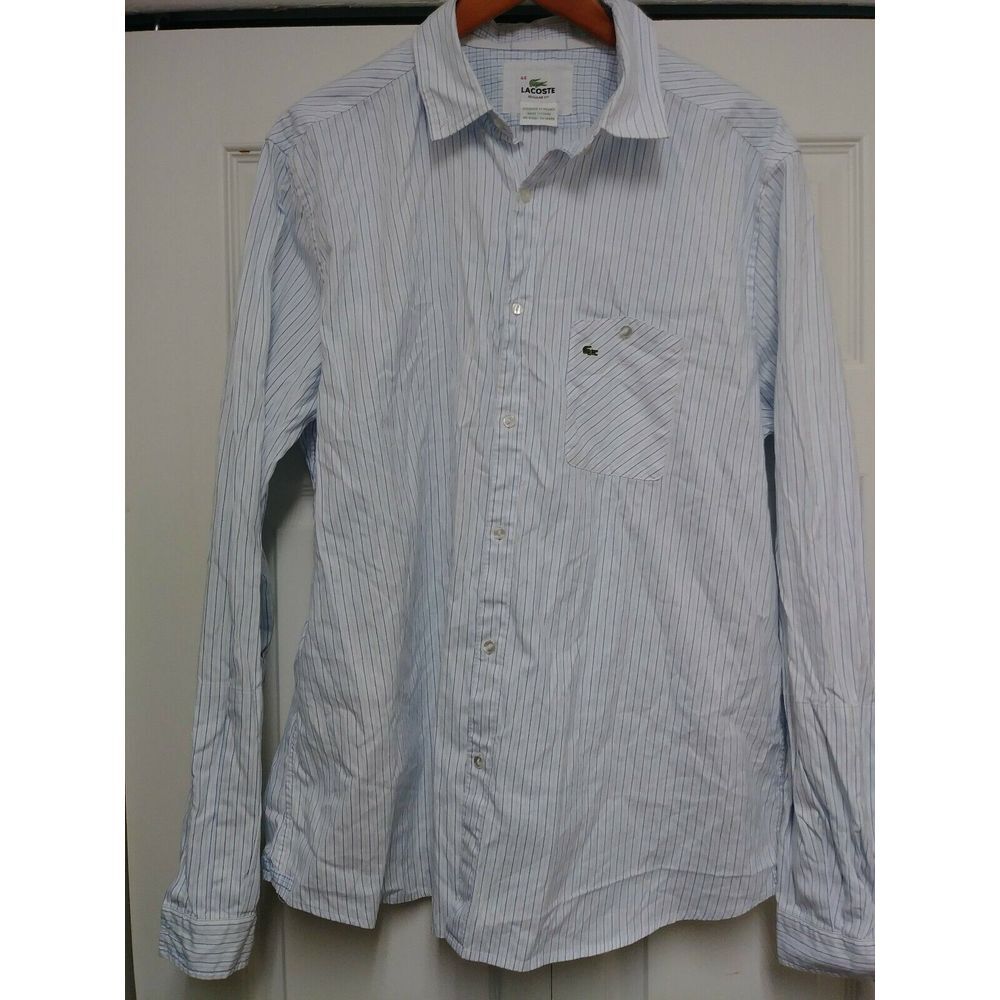 Lacoste Regular Fit Button Down LS sz 44 XL white blue stripped Oxford Devanlay